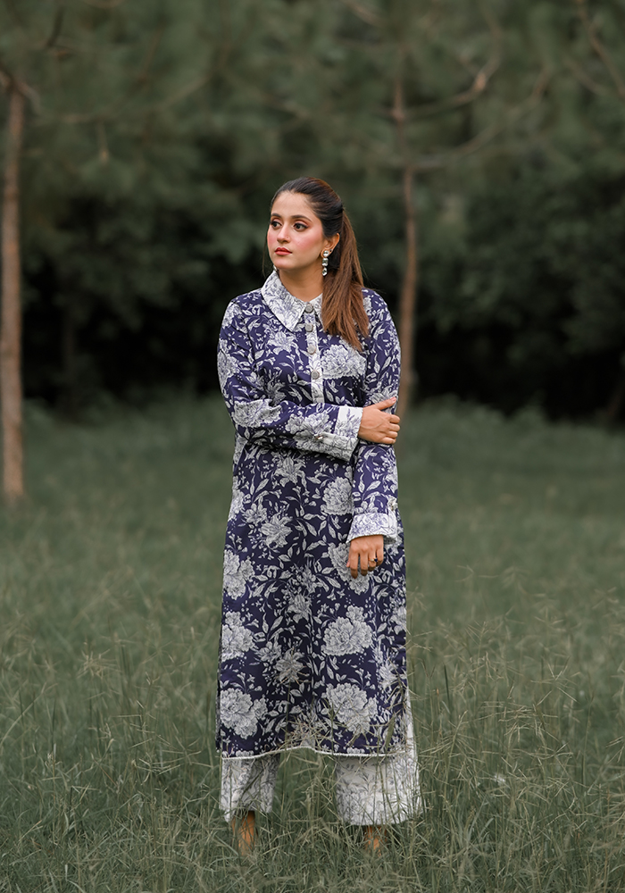 Unstitched 2 Pcs Printed - White and Blue