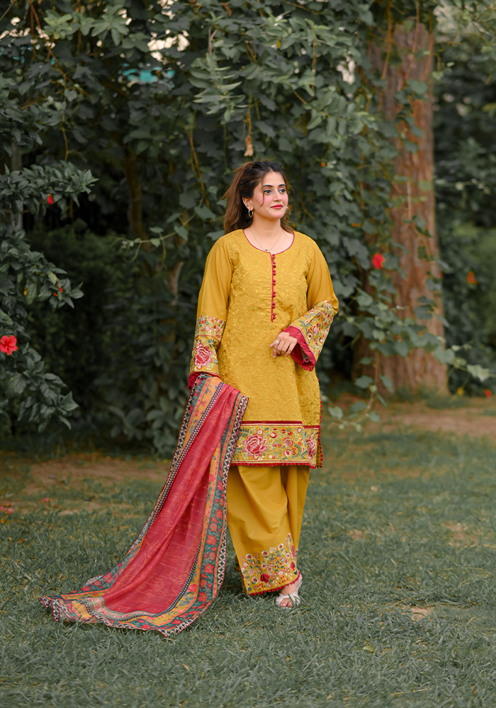 Unstitched 3 Pcs Embroidery – Mustard