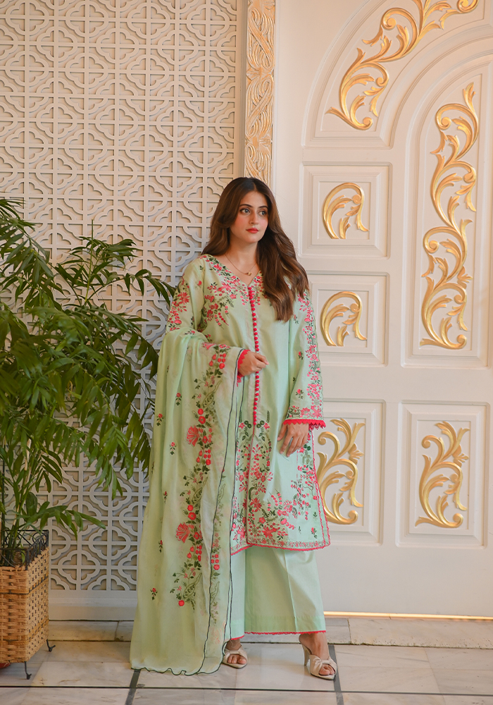 Unstitched 3 Pcs Embroidery – Mint Green
