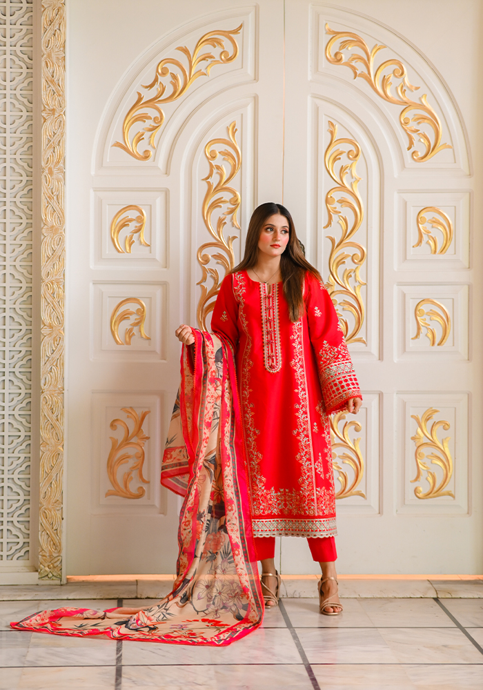 Unstitched 3 Pcs Embroidery - Red